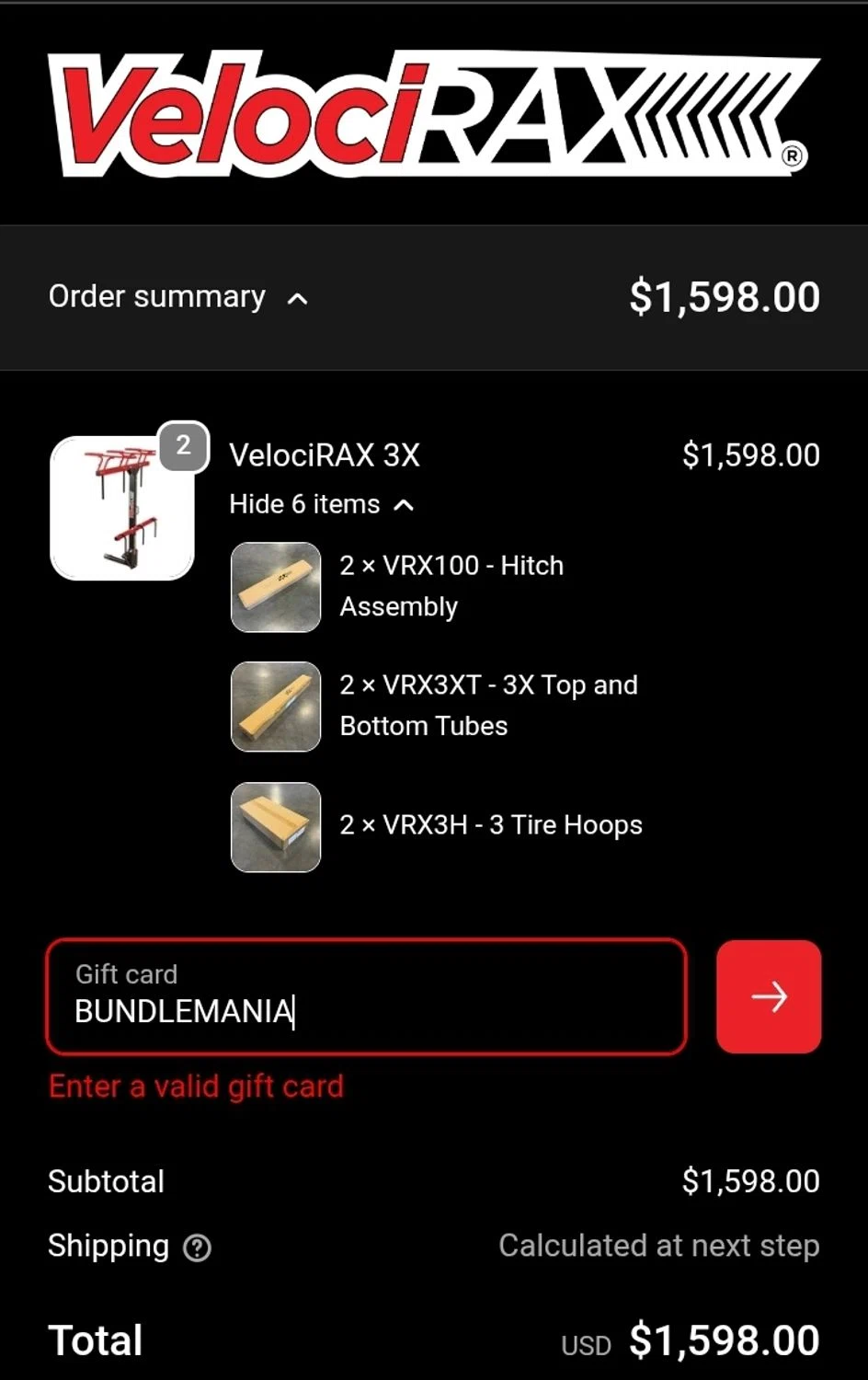 VelociRAX discount code screenshot showing code BUNDLEMANIA applied at VelociRAX checkout page. Uploaded by SimplyCodes community member ValiantCurator3344 on Nov 3, 2025