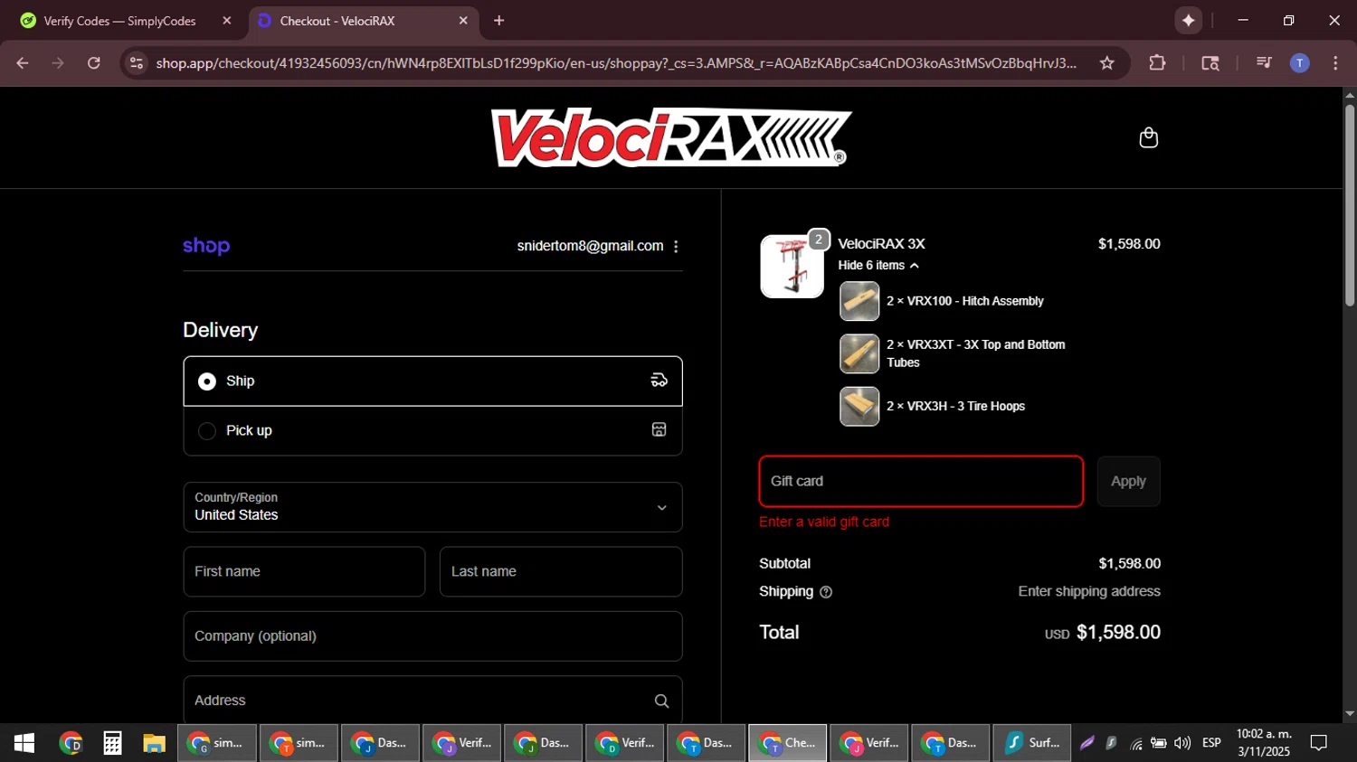 VelociRAX discount code screenshot showing code BUNDLEMANIA applied at VelociRAX checkout page. Uploaded by SimplyCodes community member snidertom8 on Nov 3, 2025