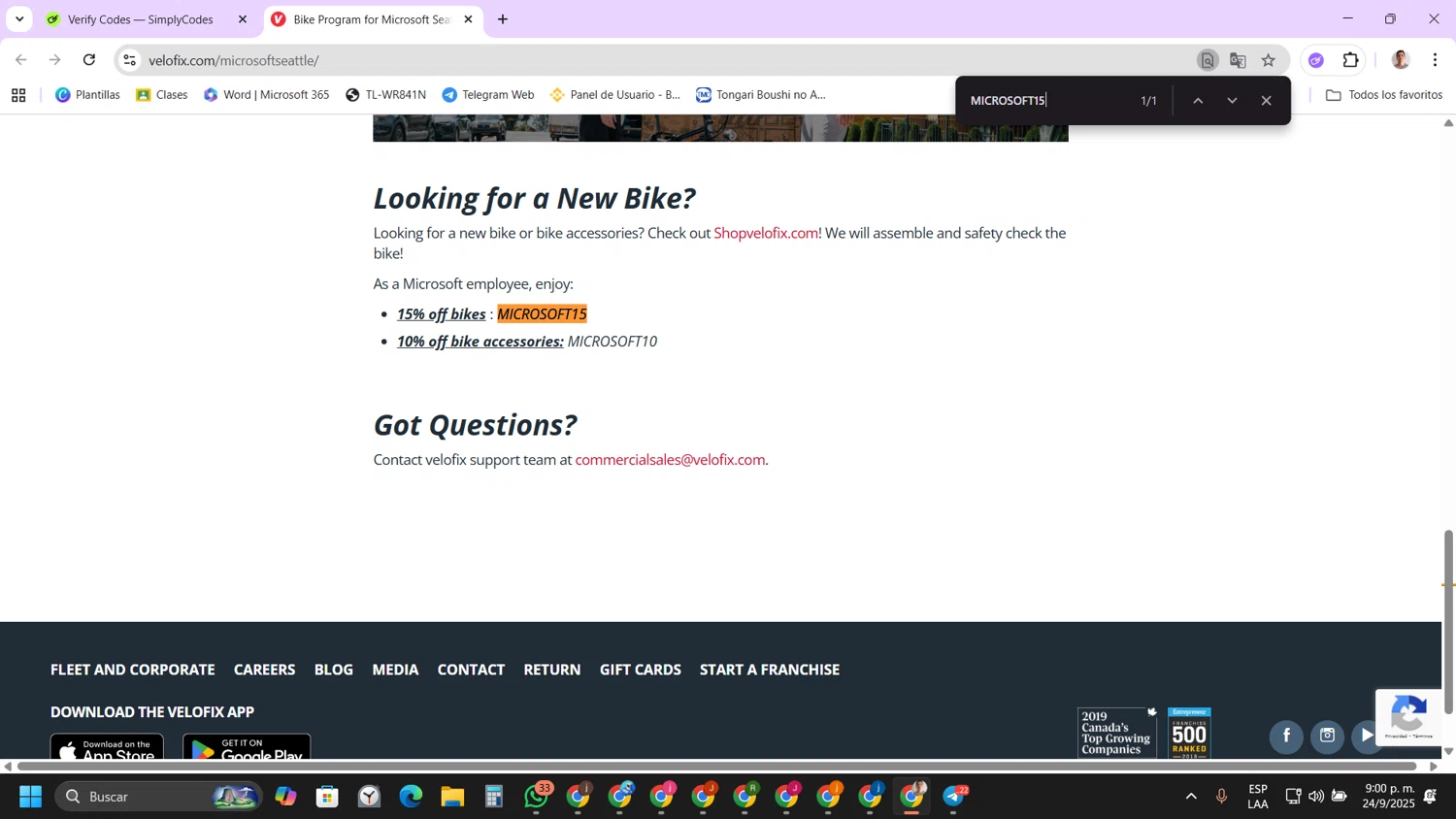 velofix promo code screenshot showing code MICROSOFT15 applied at velofix checkout page. Uploaded by SimplyCodes community member FernandoLetex on Sep 25, 2025