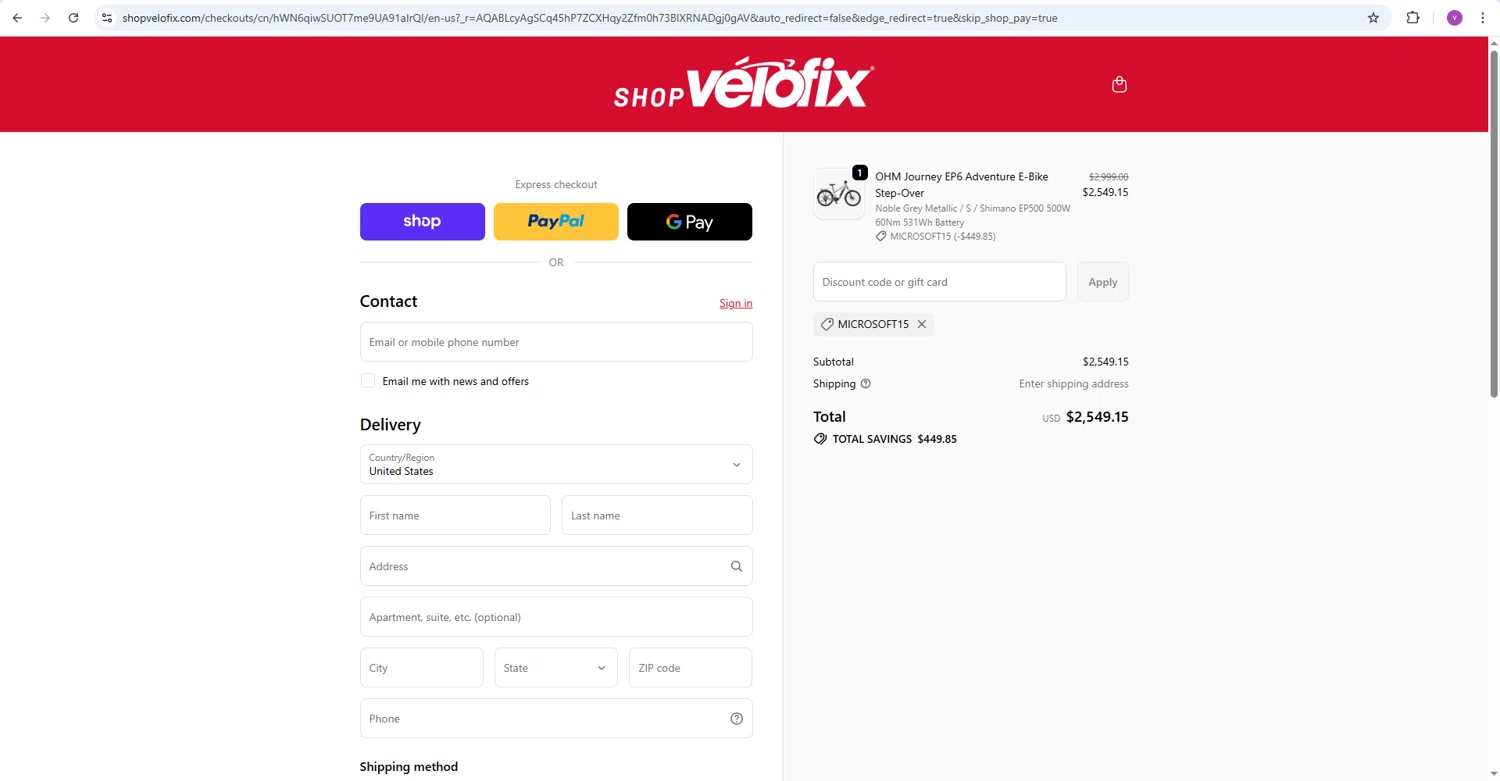 velofix promo code screenshot showing code MICROSOFT15 applied at velofix checkout page. Uploaded by SimplyCodes community member ValiantFox2134 on Dec 25, 2025