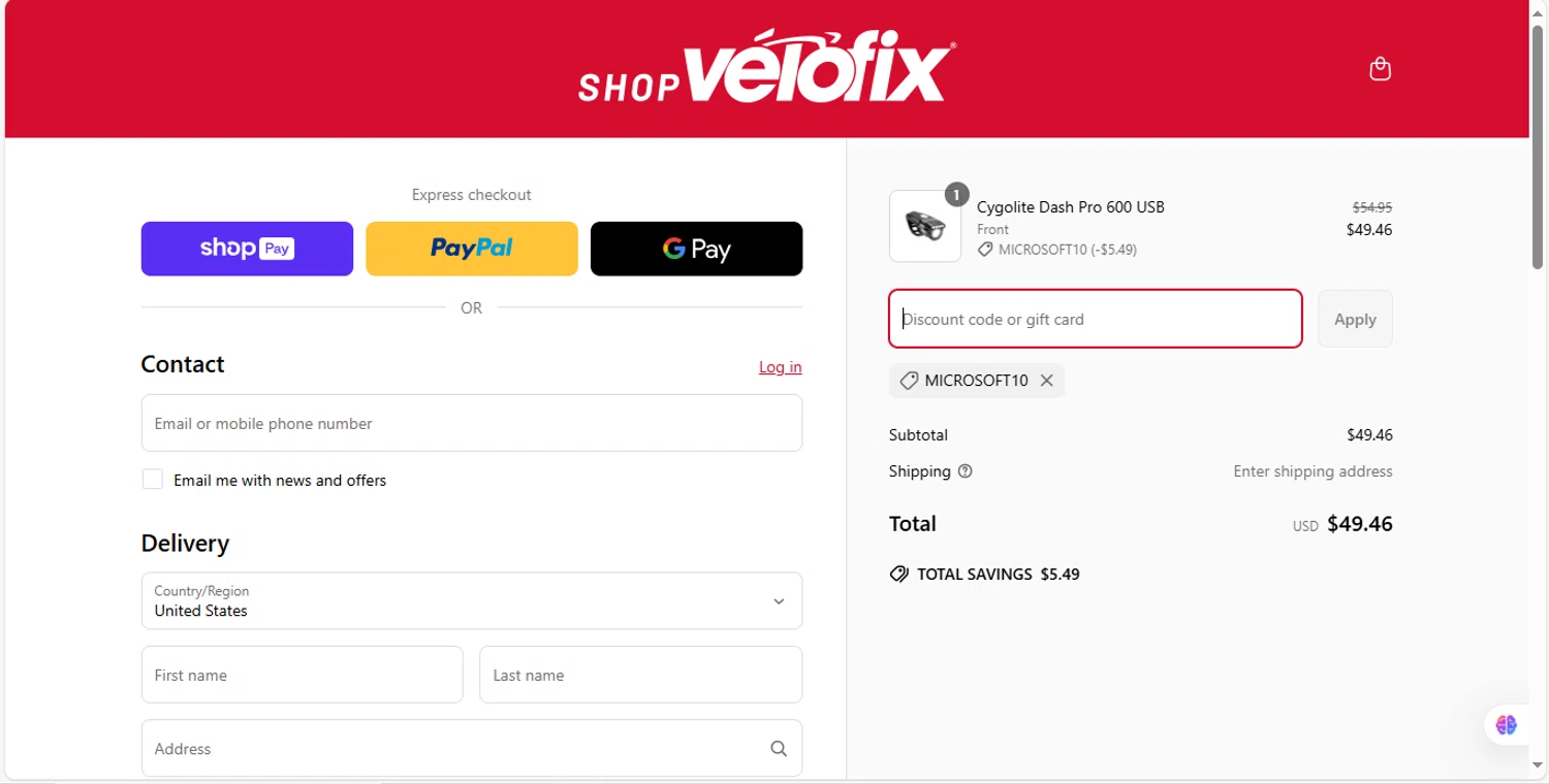 velofix promo code screenshot showing code MICROSOFT10 applied at velofix checkout page. Uploaded by SimplyCodes community member MagnificentVirtuoso8433 on Apr 15, 2025