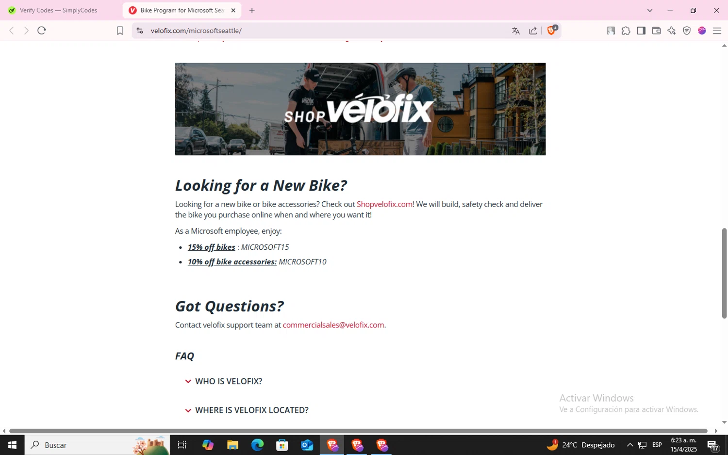 velofix promo code screenshot showing code MICROSOFT10 applied at velofix checkout page. Uploaded by SimplyCodes community member CodeLynx5272 on Apr 15, 2025