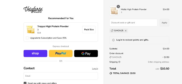 Veloforte checkout page showing Veloforte discount code box | Screenshot taken by SimplyCodes community member on Sep 7, 2025