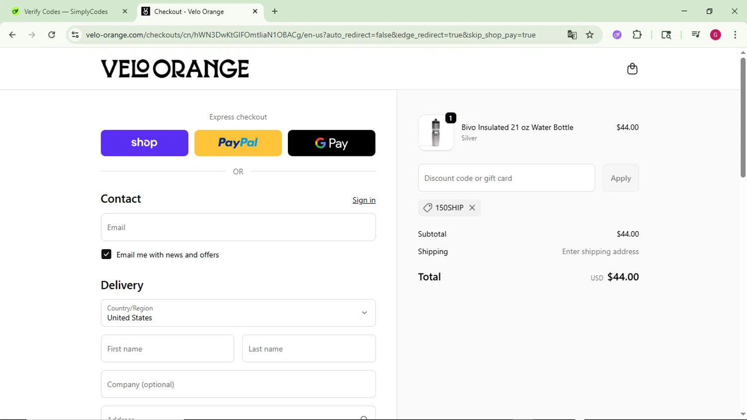 Velo Orange promo code screenshot showing code 150ship applied at Velo Orange checkout page. Uploaded by SimplyCodes community member CrownFinder3074 on Sep 21, 2025