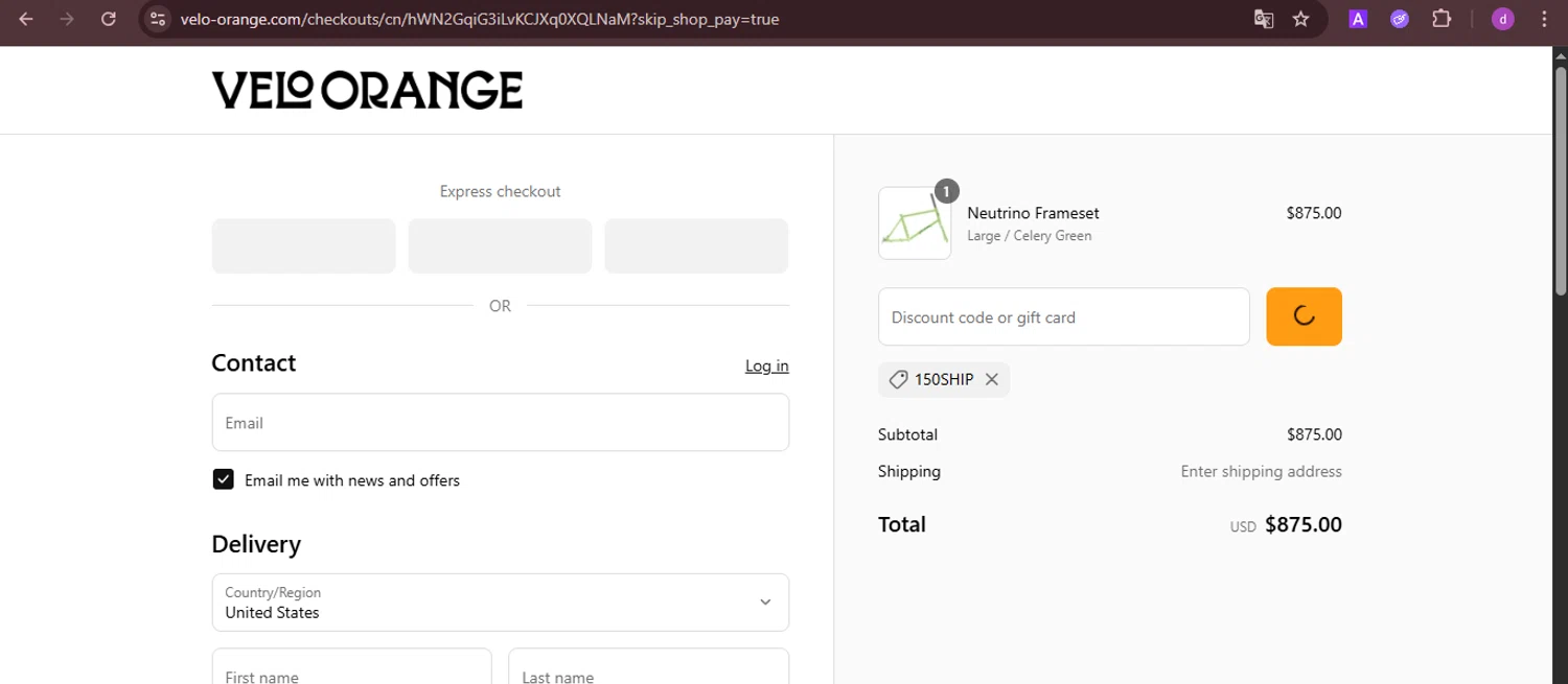 Velo Orange promo code screenshot showing code 150ship applied at Velo Orange checkout page. Uploaded by SimplyCodes community member PennyTiger4891 on Aug 27, 2025