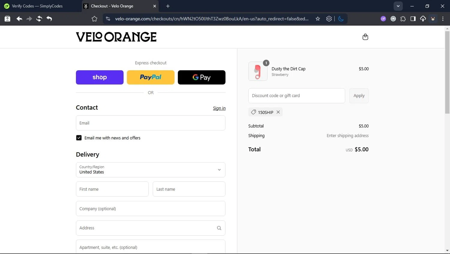Velo Orange promo code screenshot showing code 150ship applied at Velo Orange checkout page. Uploaded by SimplyCodes community member User_Randon1 on Sep 12, 2025