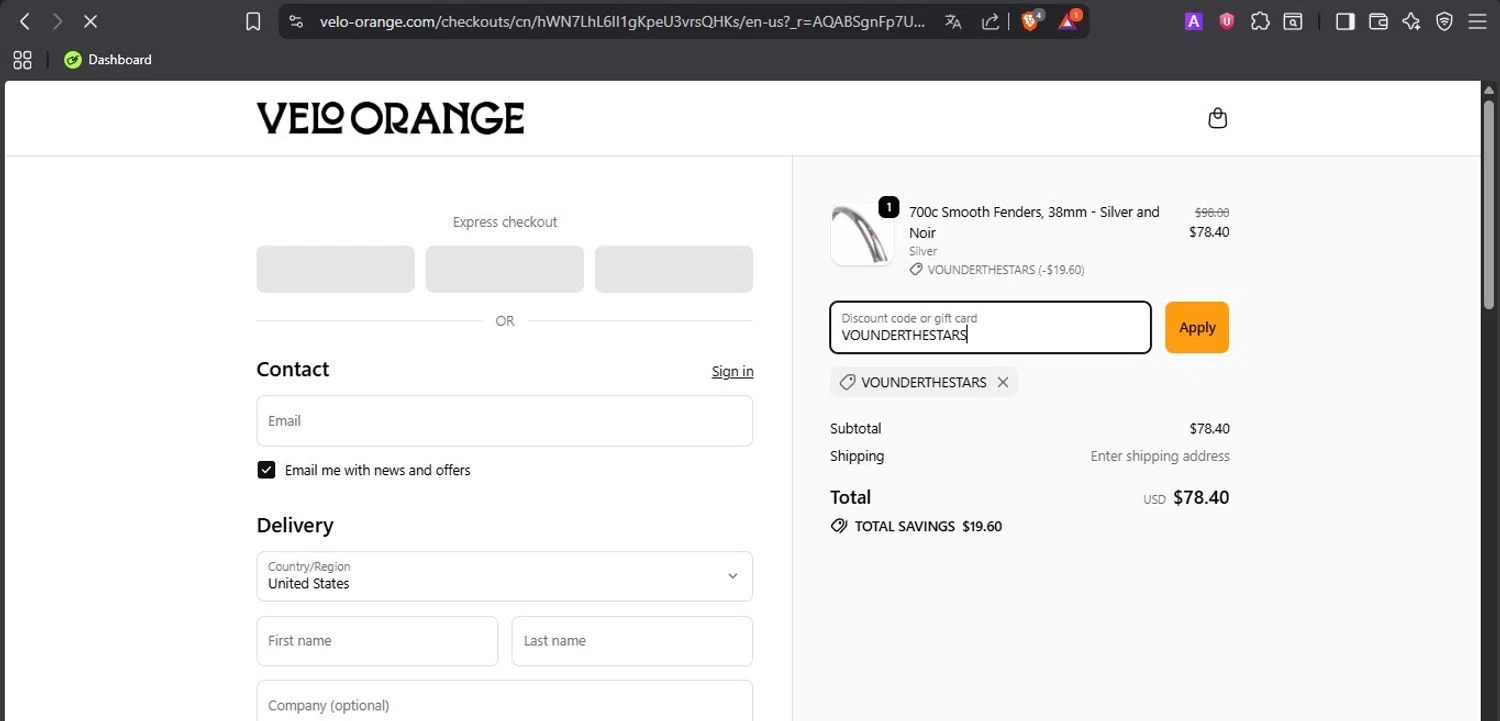 Velo Orange promo code screenshot showing code VOUNDERTHESTARS applied at Velo Orange checkout page. Uploaded by SimplyCodes community member ROCKSORD_2 on Jan 7, 2026