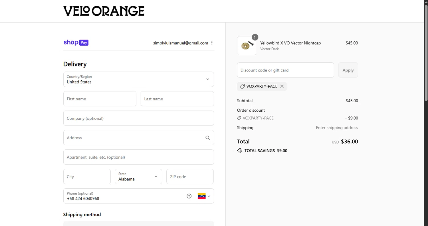 Velo Orange promo code screenshot showing code VOXPARTY-PACE applied at Velo Orange checkout page. Uploaded by SimplyCodes community member CouponHero3179 on Aug 27, 2025