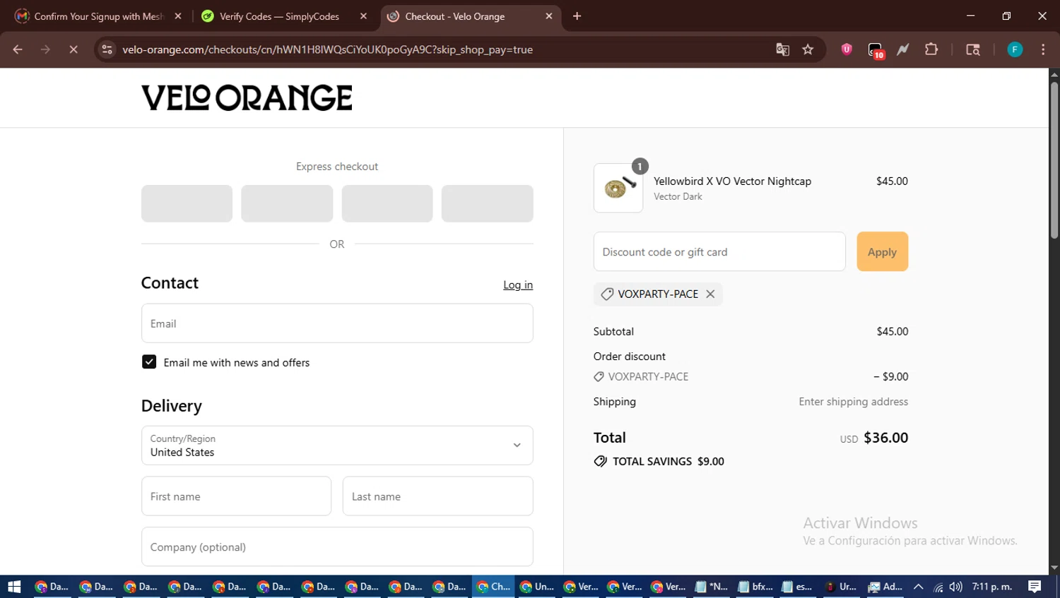 Velo Orange promo code screenshot showing code VOXPARTY-PACE applied at Velo Orange checkout page. Uploaded by SimplyCodes community member ShrewdTitan3233 on Jul 31, 2025