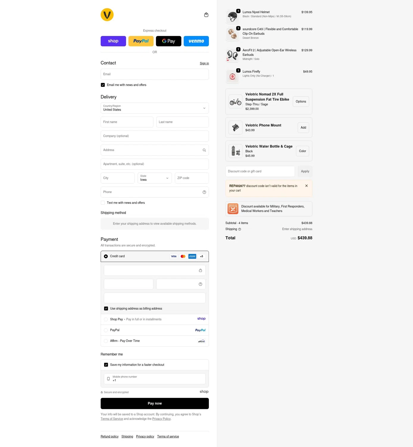 Velotric promo code screenshot showing code REF602877 applied at Velotric checkout page. Uploaded by SimplyCodes community member LOgoter on Dec 22, 2025