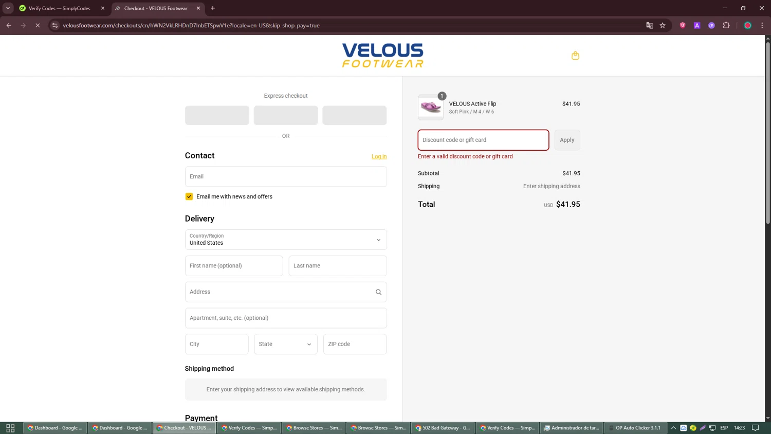 Velous Footwear promo code screenshot showing code WELCOME-ENJOY10! applied at Velous Footwear checkout page. Uploaded by SimplyCodes community member David_Garcia on Sep 2, 2025