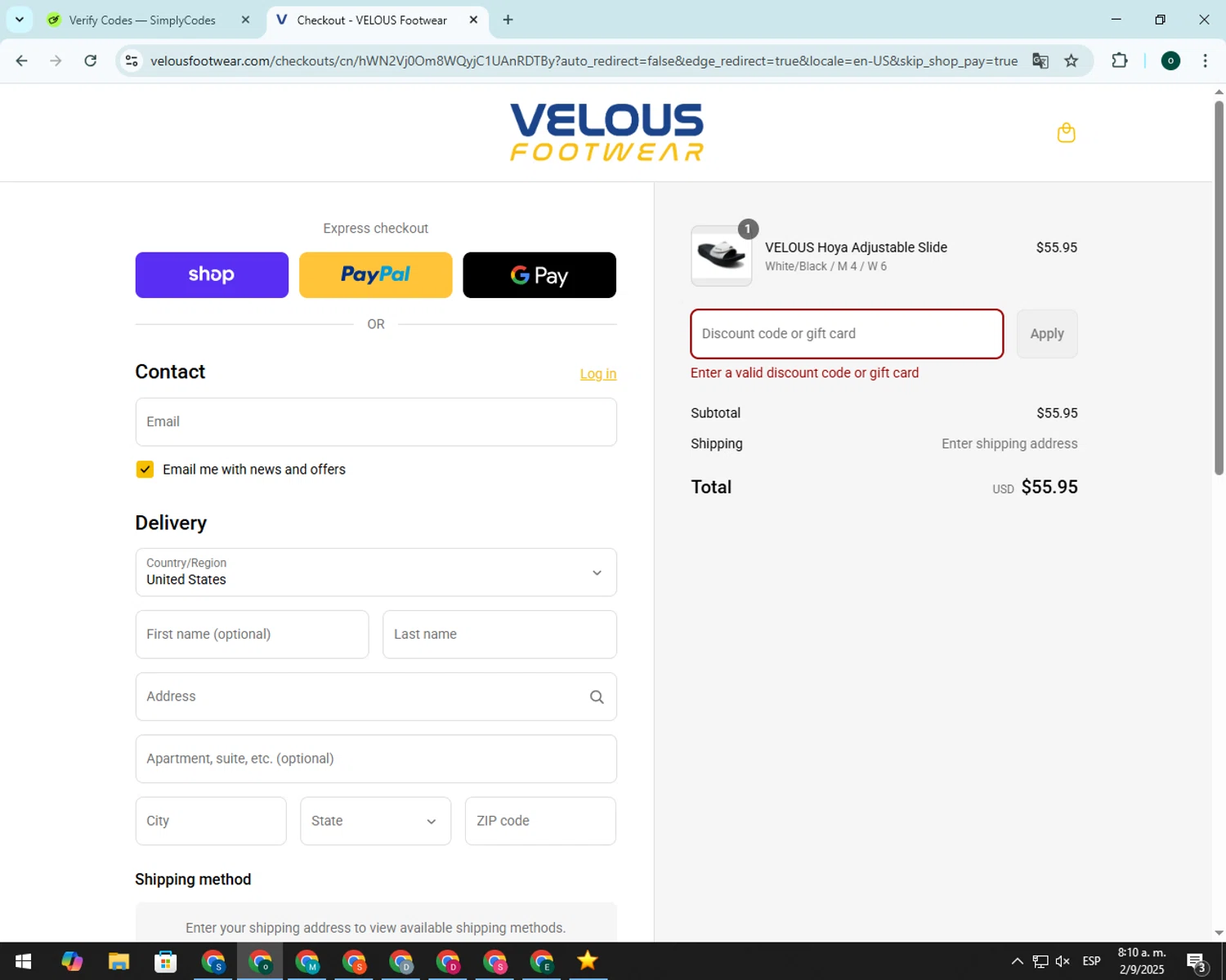 Velous Footwear promo code screenshot showing code WELCOME-ENJOY10! applied at Velous Footwear checkout page. Uploaded by SimplyCodes community member 00000006 on Sep 2, 2025