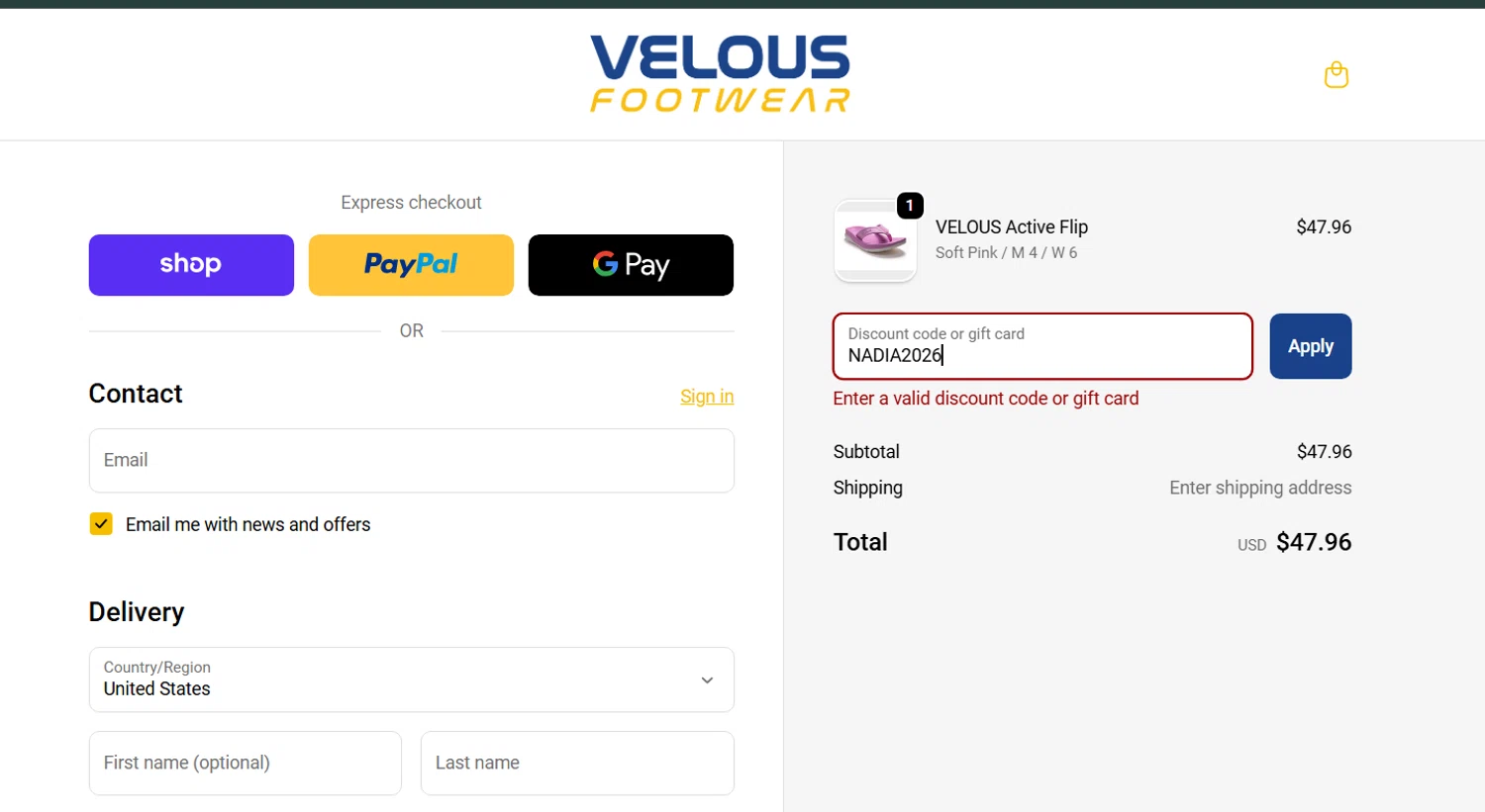 Velous Footwear promo code screenshot showing code NADIA2026 applied at Velous Footwear checkout page. Uploaded by SimplyCodes community member CleverDefender3400 on Nov 27, 2025