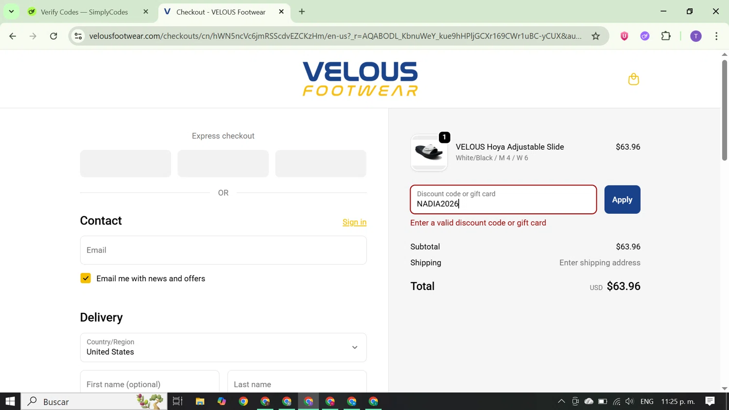 Velous Footwear promo code screenshot showing code NADIA2026 applied at Velous Footwear checkout page. Uploaded by SimplyCodes community member FortunateCurator5882 on Nov 28, 2025