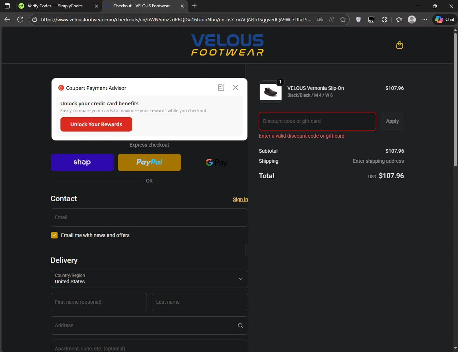 Velous Footwear promo code screenshot showing code VIPBF20 applied at Velous Footwear checkout page. Uploaded by SimplyCodes community member CoinRanger3407 on Nov 27, 2025