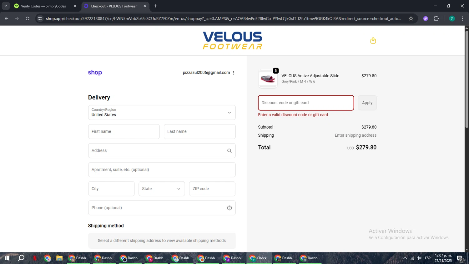 Velous Footwear promo code screenshot showing code VIPBF20 applied at Velous Footwear checkout page. Uploaded by SimplyCodes community member FrugalCaptain6906 on Nov 27, 2025