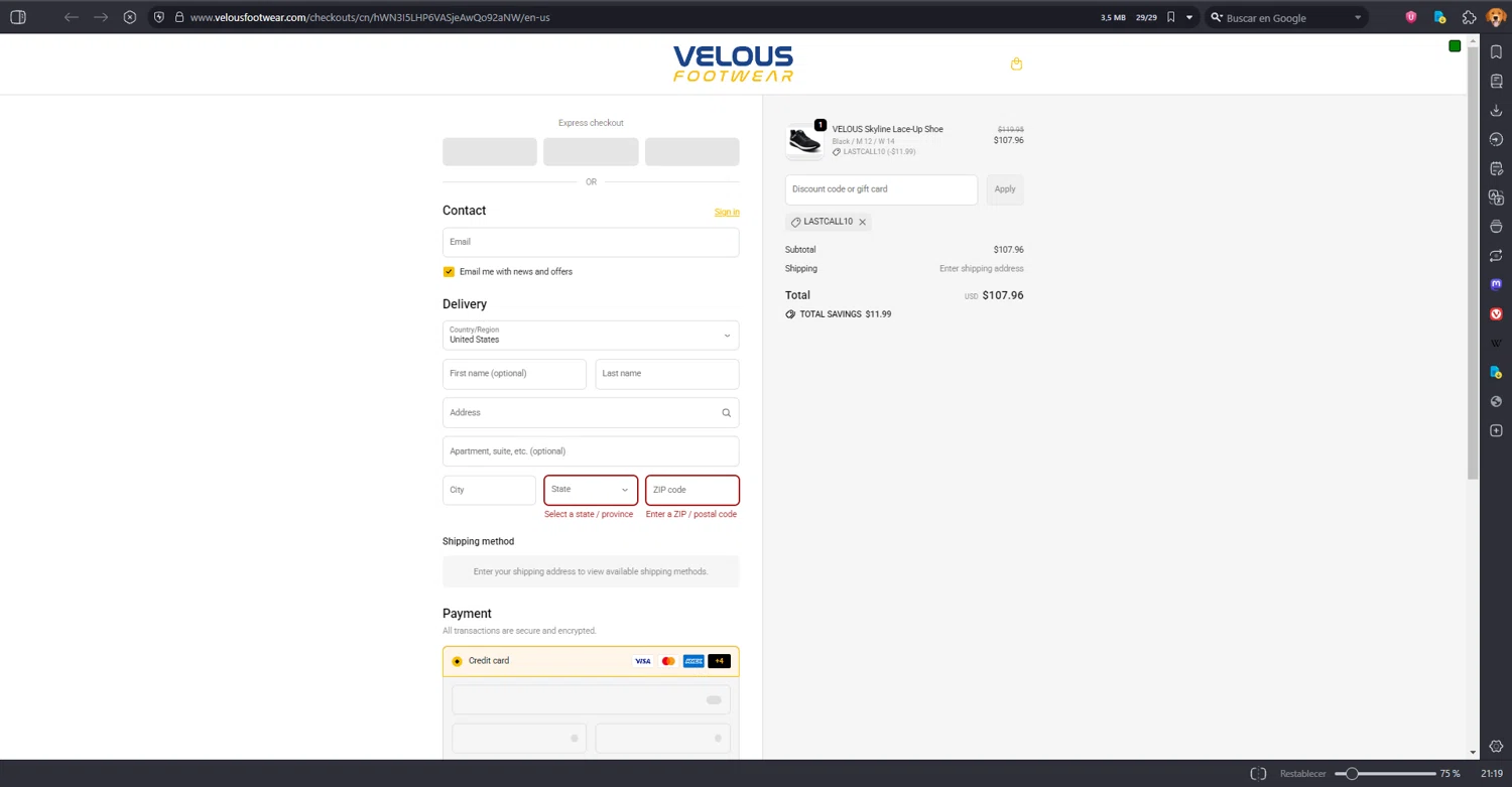 Velous Footwear promo code screenshot showing code LASTCALL10 applied at Velous Footwear checkout page. Uploaded by SimplyCodes community member MRDEAL on Sep 23, 2025