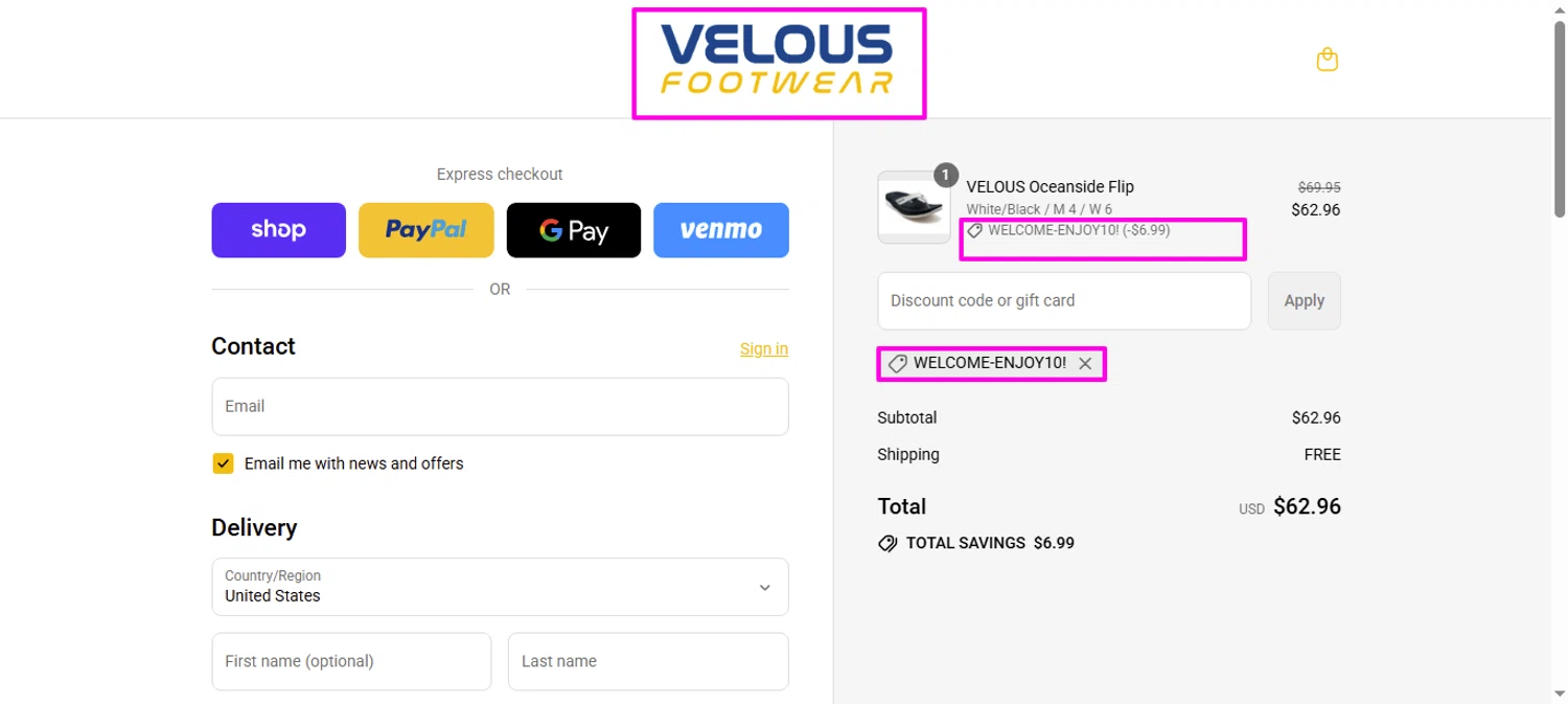 Velous Footwear promo code screenshot showing code WELCOME-ENJOY10! applied at Velous Footwear checkout page. Uploaded by SimplyCodes community member mrdarcy on Sep 17, 2025