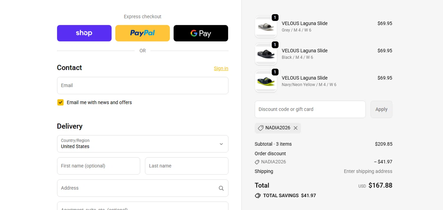 Velous Footwear promo code screenshot showing code NADIA2026 applied at Velous Footwear checkout page. Uploaded by SimplyCodes community member yilmamalave on Dec 15, 2025