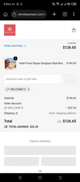 WELCOME15 coupon verification screenshot