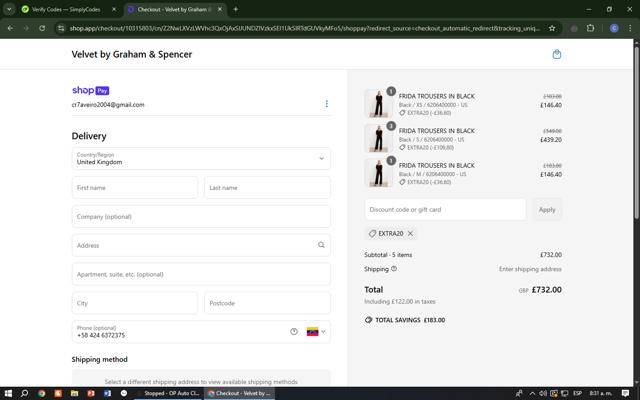 Velvet Tees checkout page showing Velvet Tees promo code box | Screenshot taken by SimplyCodes community member on Apr 14, 2025