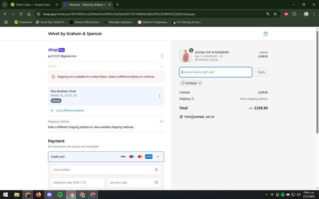 Velvet Tees checkout page showing Velvet Tees promo code box | Screenshot taken by SimplyCodes community member on Mar 27, 2025
