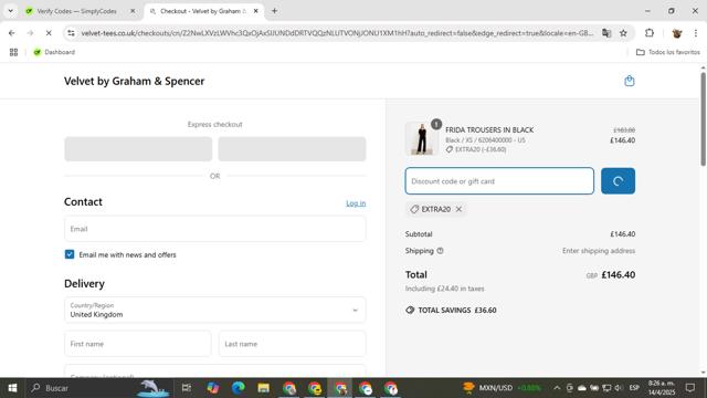 Velvet Tees checkout page showing Velvet Tees promo code box | Screenshot taken by SimplyCodes community member on Apr 14, 2025