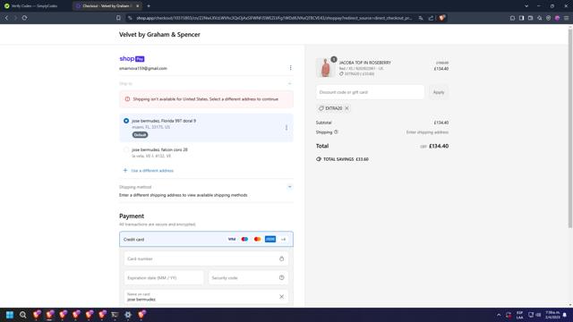 Velvet Tees checkout page showing Velvet Tees promo code box | Screenshot taken by SimplyCodes community member on Apr 2, 2025