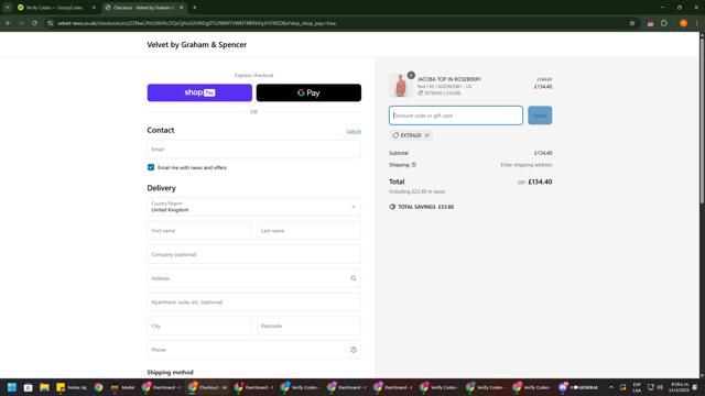 Velvet Tees checkout page showing Velvet Tees promo code box | Screenshot taken by SimplyCodes community member on Apr 14, 2025
