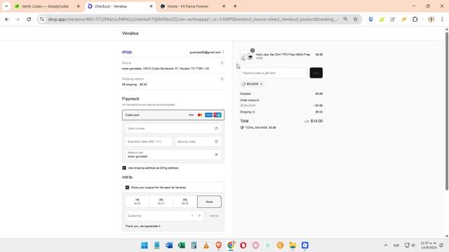 Venalisa checkout page showing Venalisa discount code box | Screenshot taken by SimplyCodes community member on Sep 14, 2025