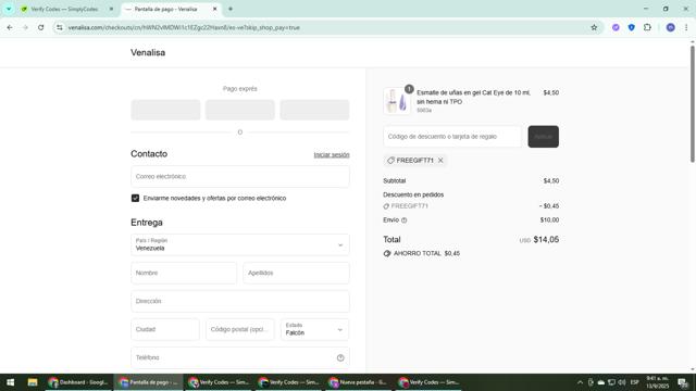 Venalisa checkout page showing Venalisa discount code box | Screenshot taken by SimplyCodes community member on Sep 13, 2025