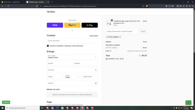 Venalisa checkout page showing Venalisa discount code box | Screenshot taken by SimplyCodes community member on Sep 11, 2025