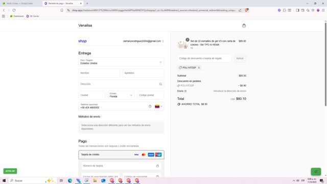 Venalisa checkout page showing Venalisa discount code box | Screenshot taken by SimplyCodes community member on Sep 11, 2025
