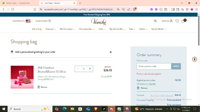 VENCHI 1878 checkout page showing VENCHI 1878 promo code box | Screenshot taken by SimplyCodes community member on Jul 7, 2025