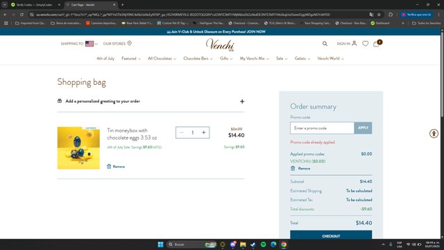 VENCHI 1878 checkout page showing VENCHI 1878 promo code box | Screenshot taken by SimplyCodes community member on Jul 5, 2025