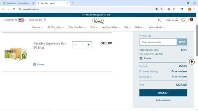 VENCHI 1878 checkout page showing VENCHI 1878 promo code box | Screenshot taken by SimplyCodes community member on Aug 1, 2025