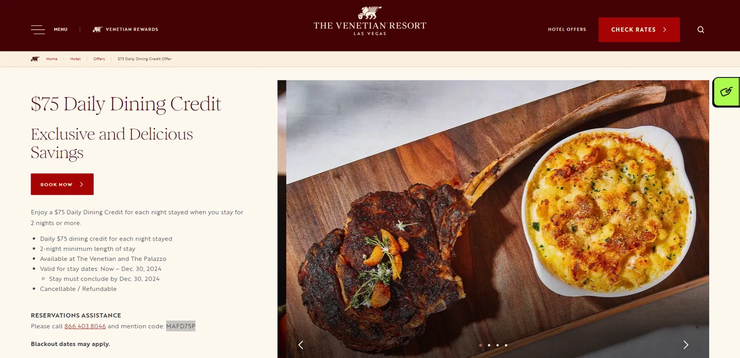 The Venetian Resort Las Vegas promo code screenshot showing code MAFD75P applied at The Venetian Resort Las Vegas checkout page. Uploaded by SimplyCodes community member pabloprieto on Oct 23, 2024