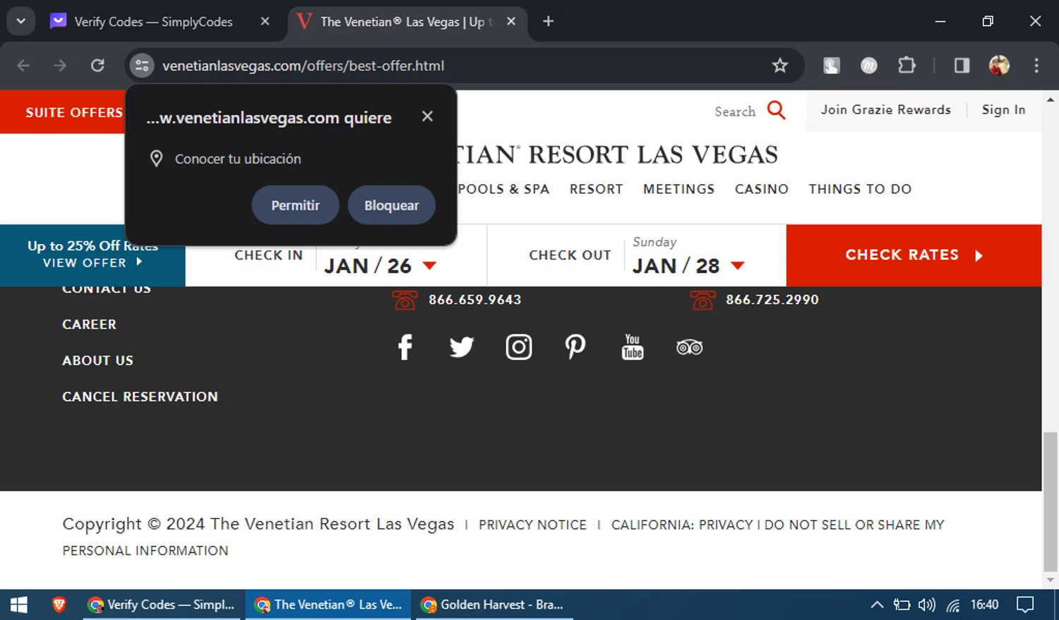 The Venetian Resort Las Vegas checkout page showing The Venetian Resort Las Vegas promo code box | Screenshot taken by SimplyCodes community member on Jan 24, 2024