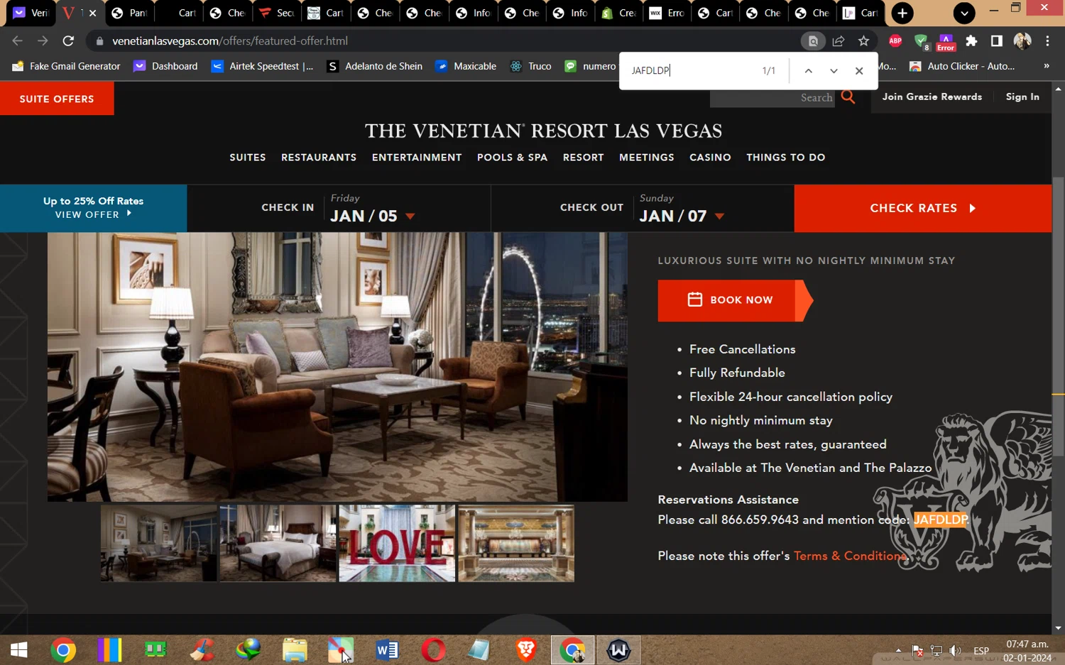 The Venetian Resort Las Vegas checkout page showing The Venetian Resort Las Vegas promo code box | Screenshot taken by SimplyCodes community member on Jan 2, 2024