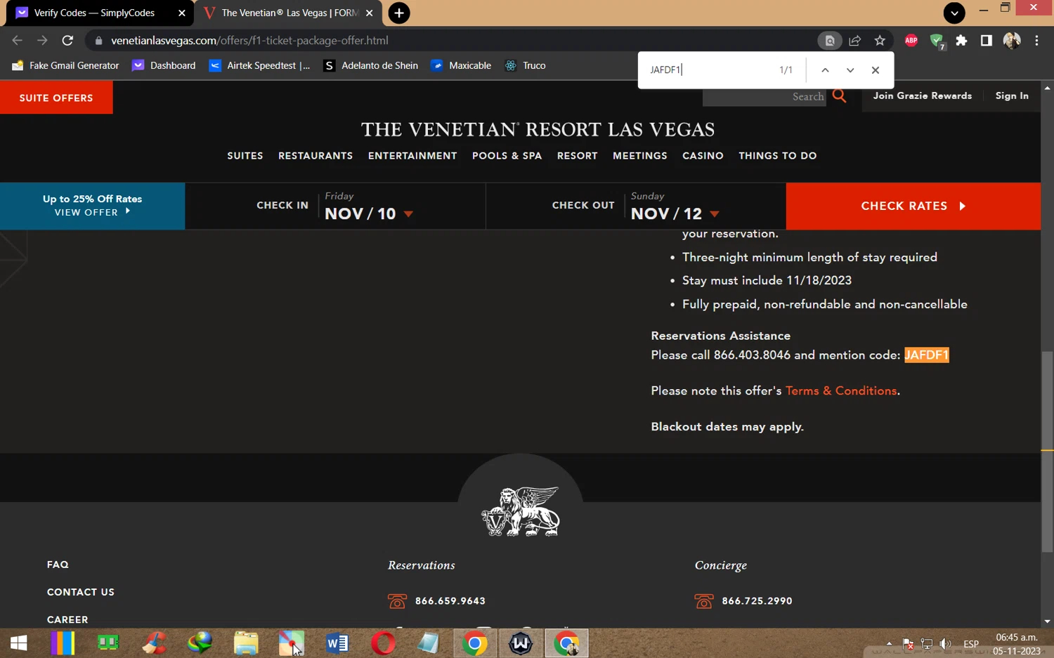 The Venetian Resort Las Vegas checkout page showing The Venetian Resort Las Vegas promo code box | Screenshot taken by SimplyCodes community member on Nov 5, 2023