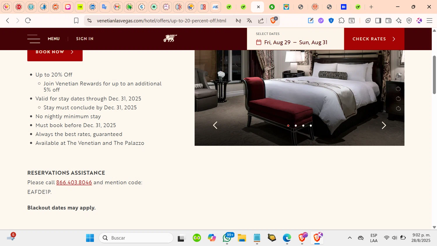 The Venetian Resort Las Vegas promo code screenshot showing code EAFDE1P applied at The Venetian Resort Las Vegas checkout page. Uploaded by SimplyCodes community member cosita on Aug 29, 2025