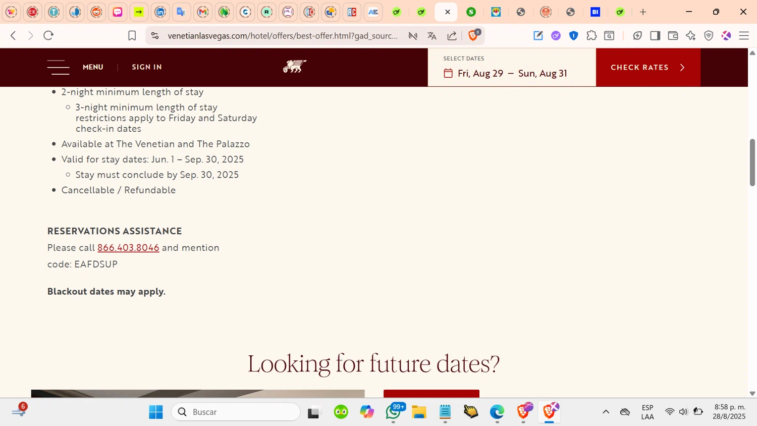 The Venetian Resort Las Vegas promo code screenshot showing code EAFDSUP applied at The Venetian Resort Las Vegas checkout page. Uploaded by SimplyCodes community member cosita on Aug 29, 2025
