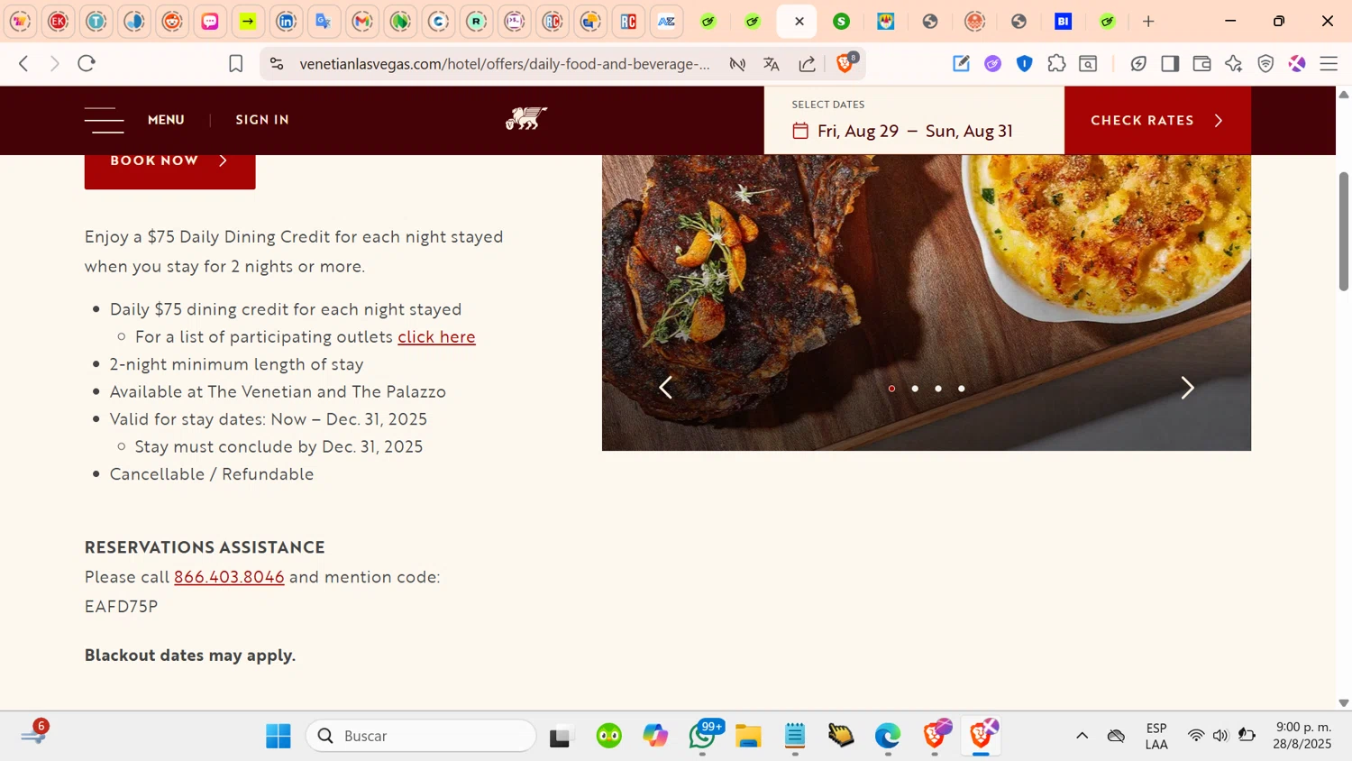 The Venetian Resort Las Vegas promo code screenshot showing code EAFD75P applied at The Venetian Resort Las Vegas checkout page. Uploaded by SimplyCodes community member cosita on Aug 29, 2025