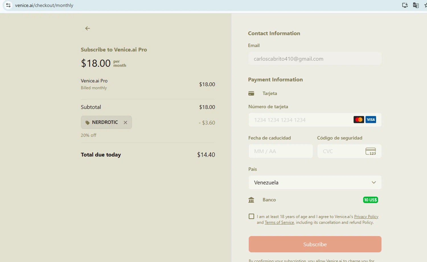 Venice promo code screenshot showing code NERDROTIC applied at Venice checkout page. Uploaded by SimplyCodes community member Lismar on Dec 27, 2025