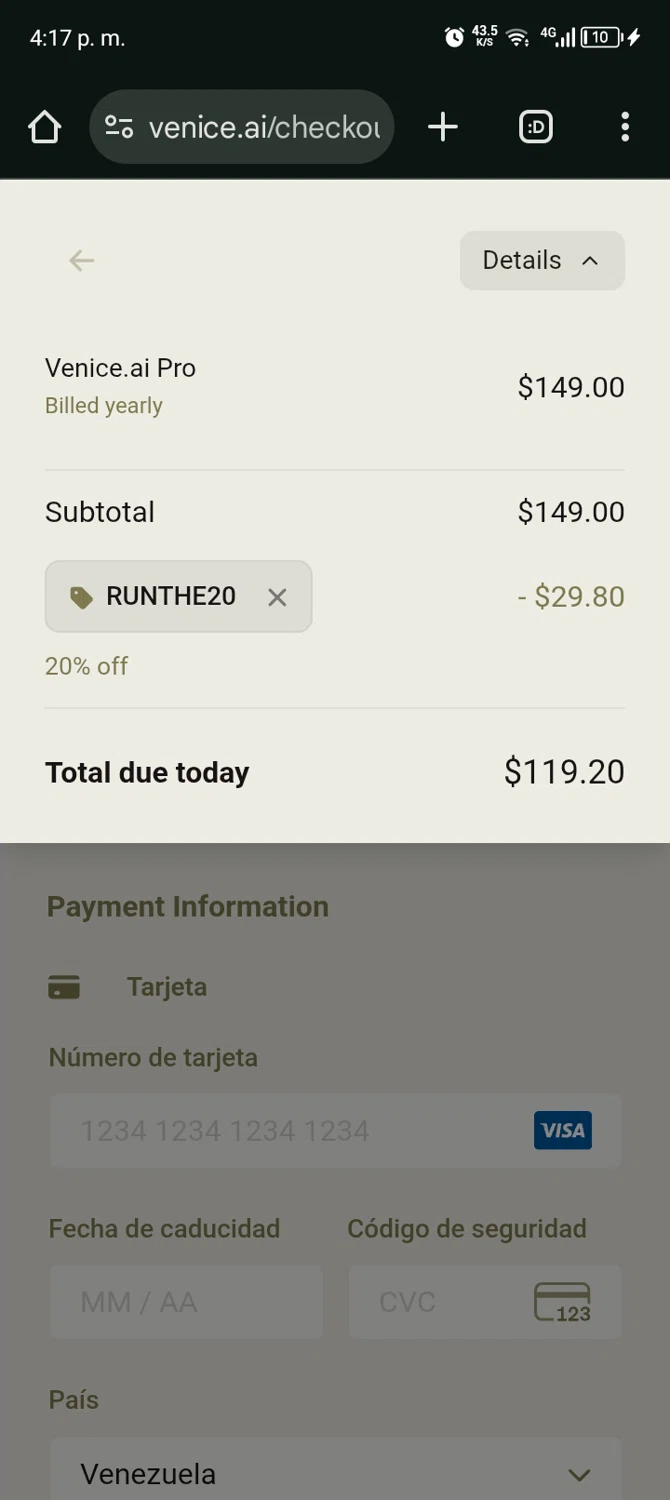 Venice promo code screenshot showing code RUNTHE20 applied at Venice checkout page. Uploaded by SimplyCodes community member Bernado on Jan 11, 2026