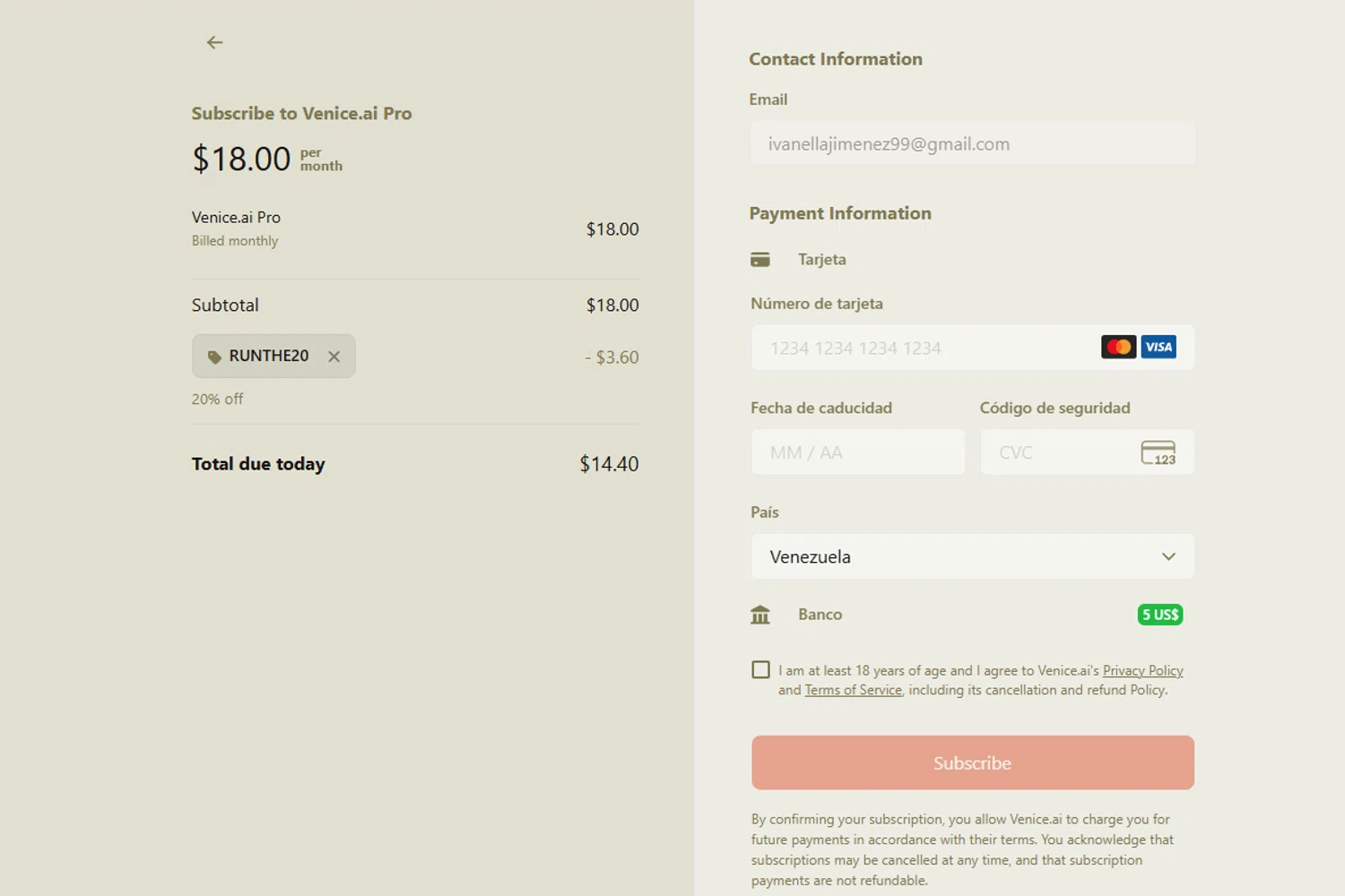 Venice promo code screenshot showing code RUNTHE20 applied at Venice checkout page. Uploaded by SimplyCodes community member Espaguetticonpollo on Dec 13, 2025