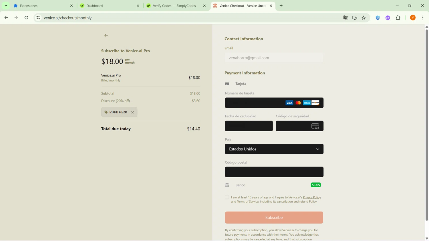 Venice promo code screenshot showing code RUNTHE20 applied at Venice checkout page. Uploaded by SimplyCodes community member ExtraordinarySaver9637 on Feb 9, 2026