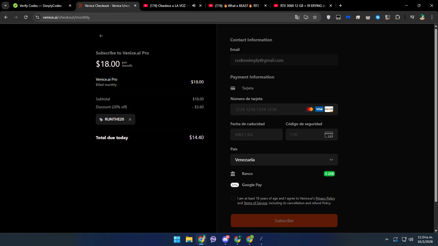 Venice checkout page showing Venice promo code box | Screenshot taken by SimplyCodes community member on Feb 16, 2026