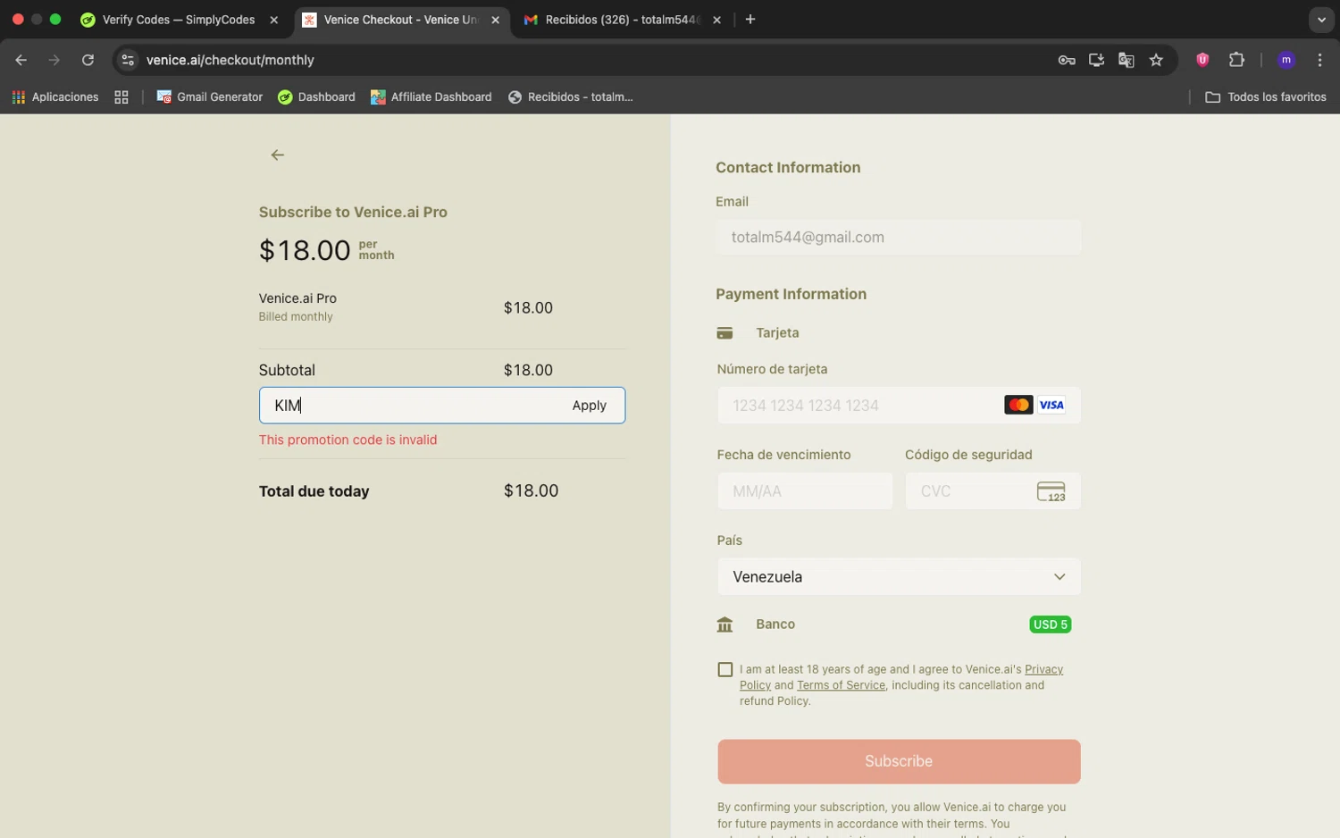 Venice promo code screenshot showing code KIM applied at Venice checkout page. Uploaded by SimplyCodes community member 1234ely on Sep 25, 2025