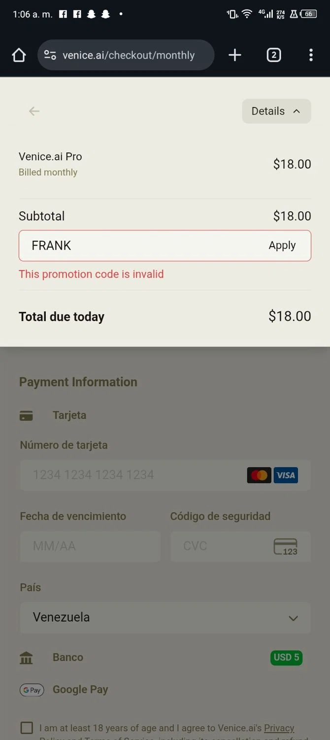Venice promo code screenshot showing code FRANK applied at Venice checkout page. Uploaded by SimplyCodes community member JandryV on Dec 17, 2025
